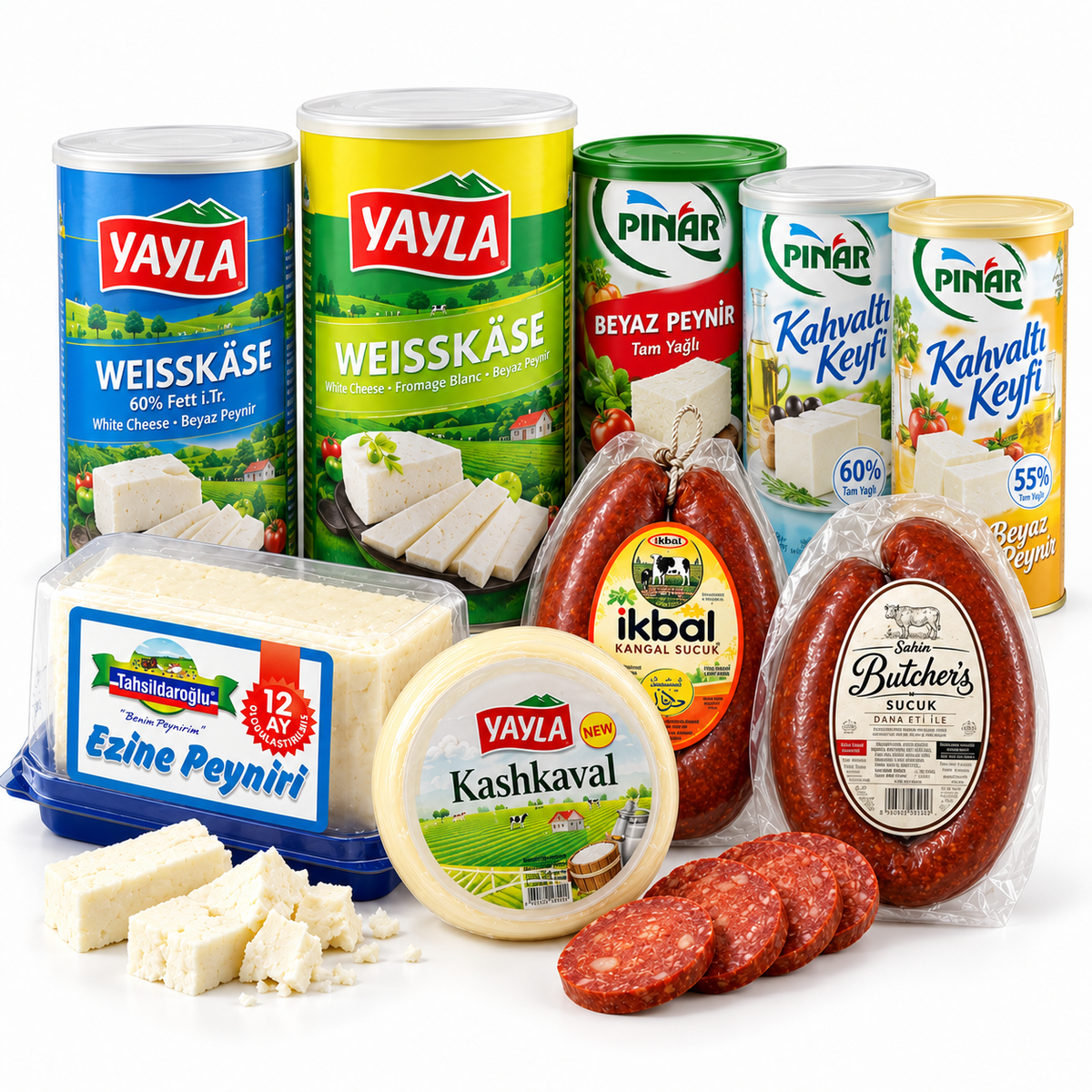 Cheese and Turkish sucuk assortment on a white background