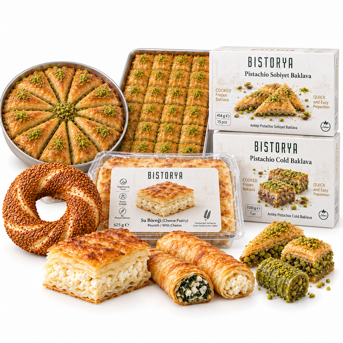 Turkish frozen foods assortment with baklava trays, boxed baklava, simit and cheese borek on a white background