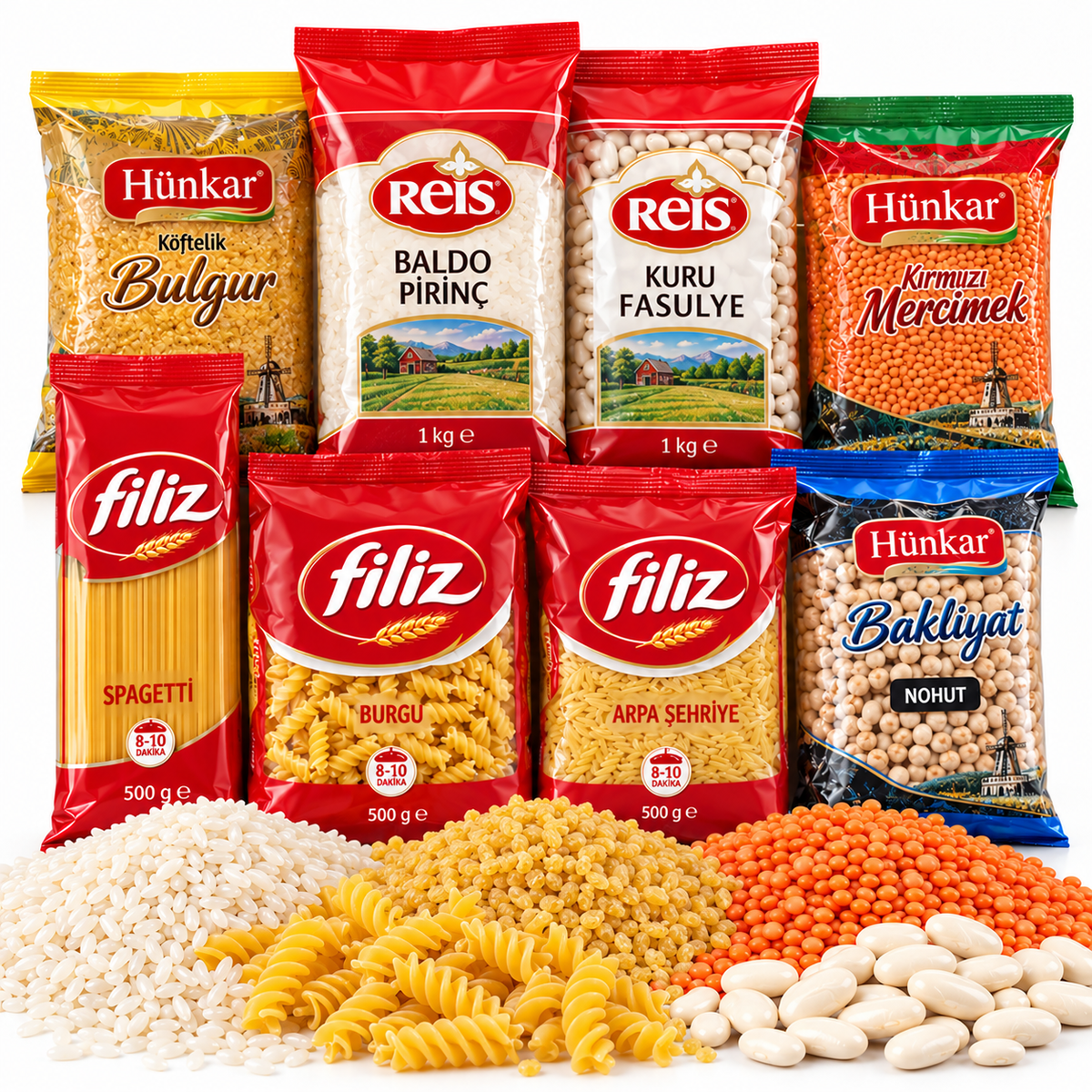 Grains, Pasta & Legumes product assortment on a white background