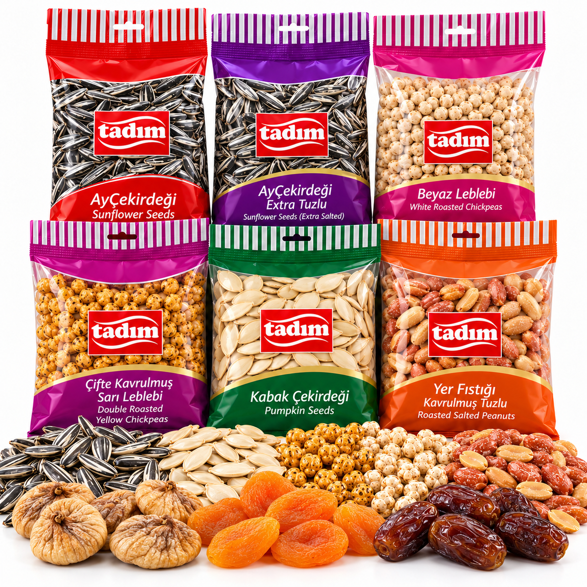 Nuts, Seeds & Dried Fruit product assortment on a white background