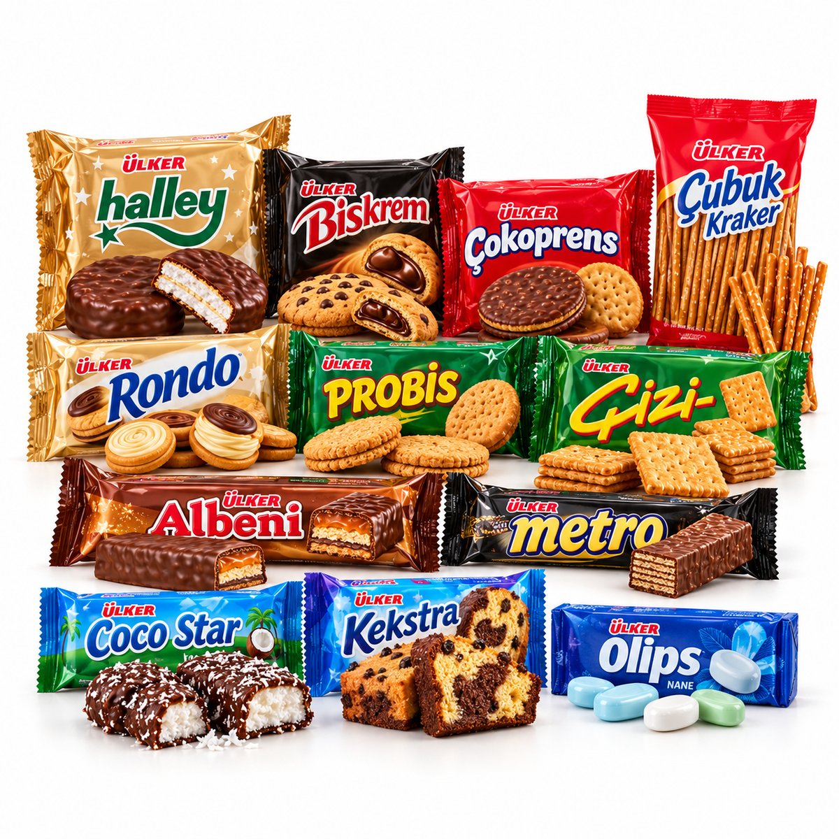 Snacks and sweets assortment on a white background