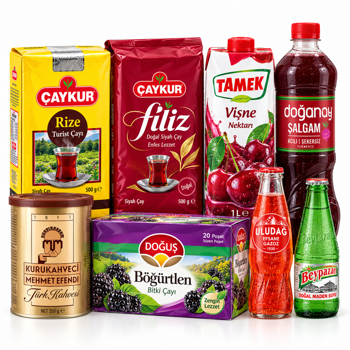 Tea, Coffee & Beverages product assortment on a white background