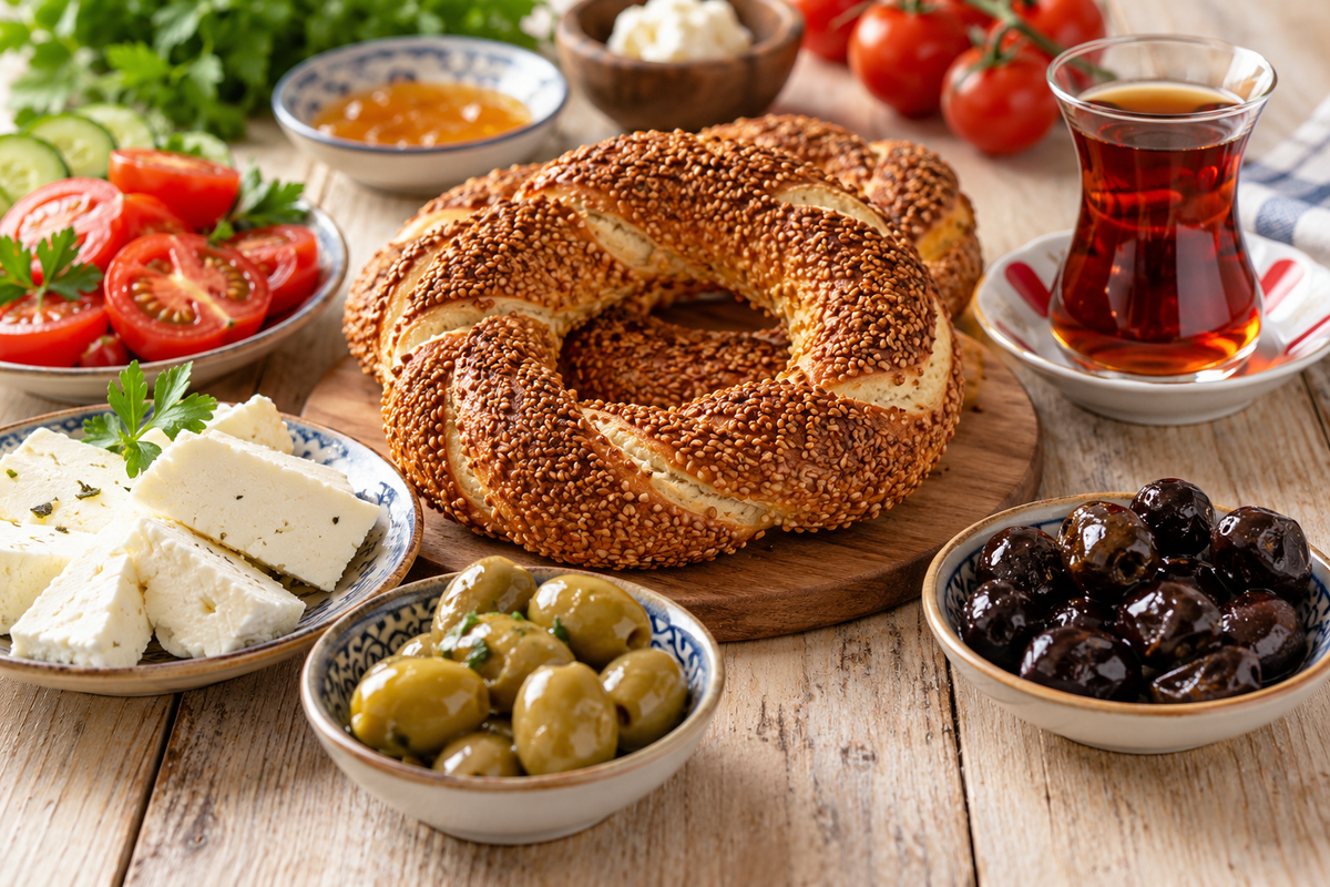 Turkish breakfast with simit, white cheese, olives and tea