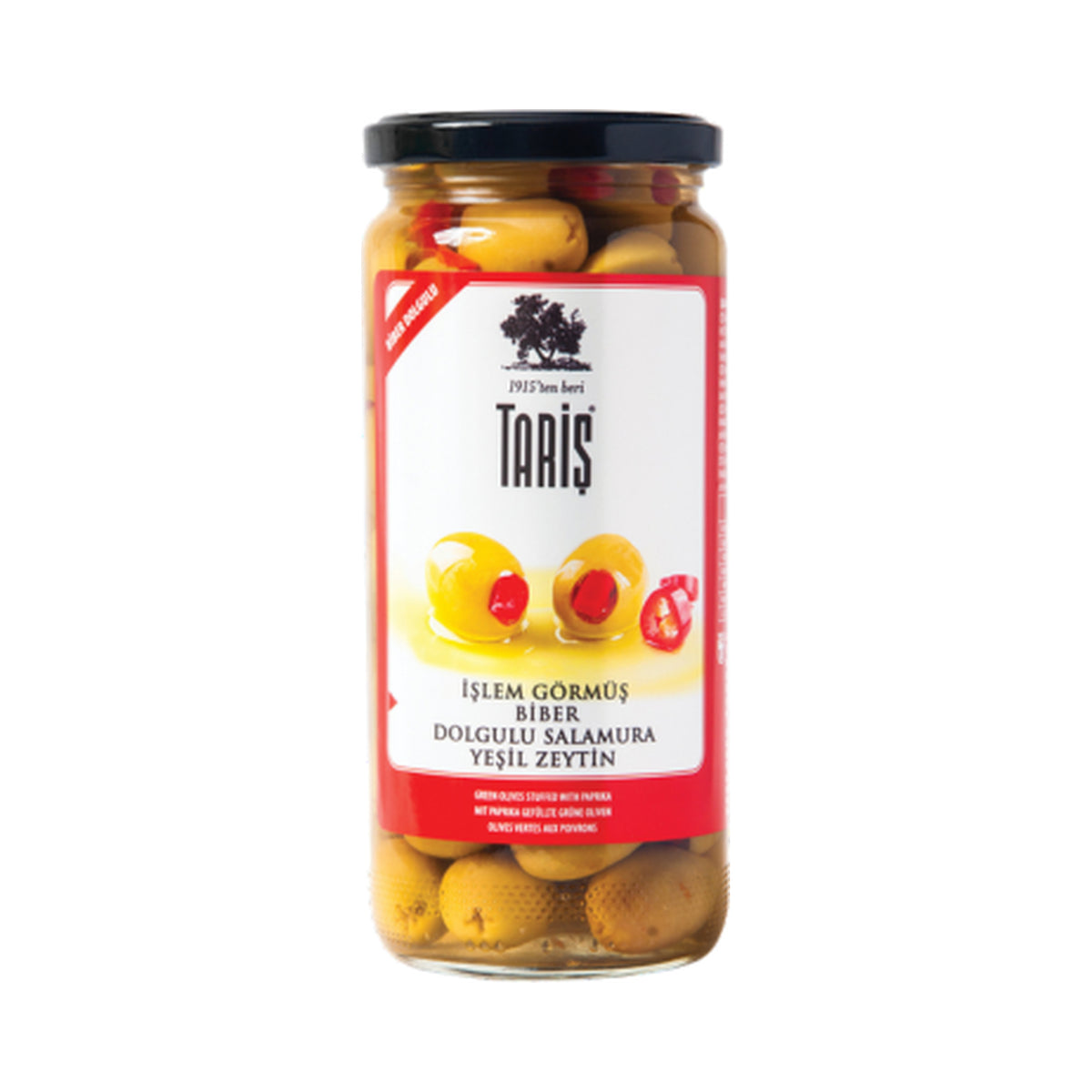 Taris Pepper Stuffed Green Olives (180-200) in Glass Jar 500 ml (Case of 12)