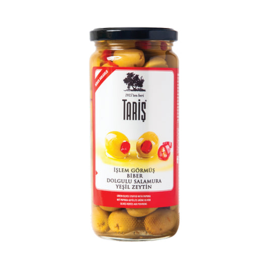 Taris Pepper Stuffed Green Olives (180-200) in Glass Jar 500 ml (Case of 12)