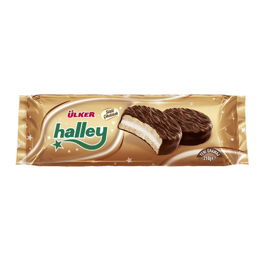 Ulker Halley classic milk chocolate marshmallow sandwich biscuits — 210 g pack